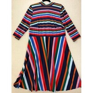 Eloquii Striped Midi Dress Womens 16 Multicolor Excellent Tie Neck 3/4 Sleeve